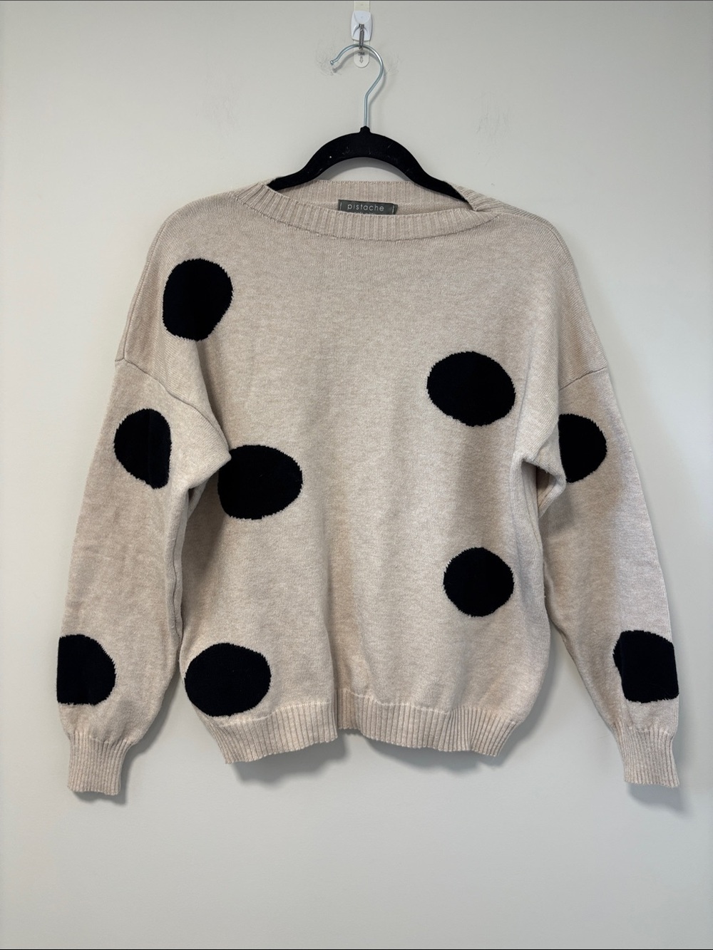 Pistache Beige Crewneck Sweater with Black Polka Dots - made in Italy